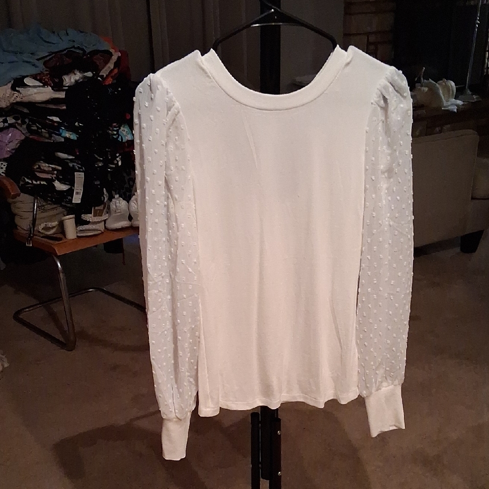 Hem & Thread White Long Sleeve Top with Textured Sleeves